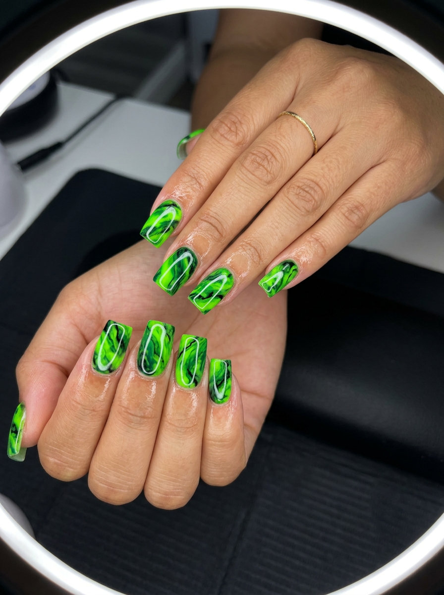 Electric Lime Marble Square Nails 2026: Bold Festival Electric lime marble square nails for summer nails square 2026. Edgy night out & festival style.