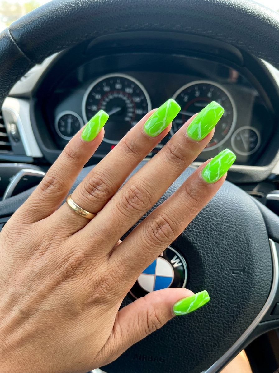 Electric Lime Marble Square Nails 2026: Night Out Electric lime marble square nails for summer nails square 2026. Edgy night out & festival style.