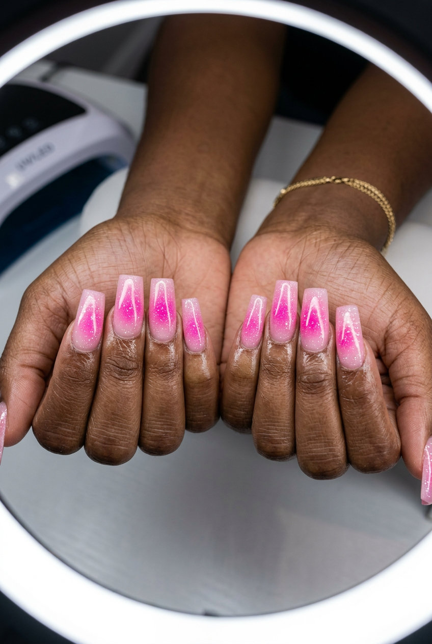Hot Pink Aura Nails 2026 | Glamorous Party Style Hot pink aura glow square nails for summer nails square 2026. Glamorous party and concert style.