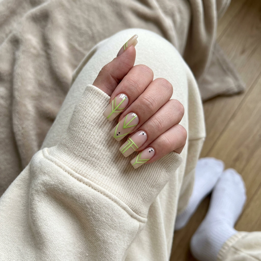 Lime Green Geometric Nails 2026 | Festival Style Lime green negative space geometric square nails for summer nails square 2026. Edgy festival style.