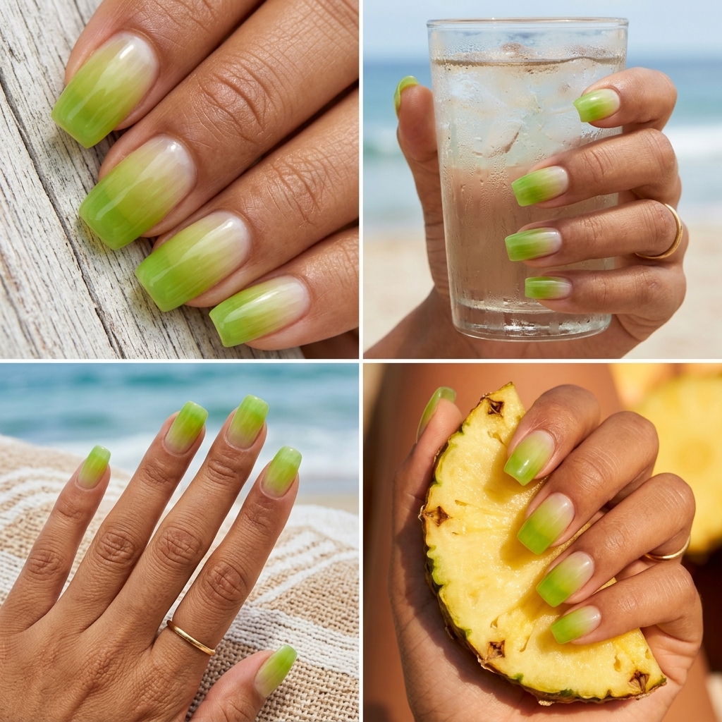 Lime Jelly Ombre Square Nails 2026: Summer Vacation Lime jelly ombre square nails for summer nails square 2026. Playful vacation & beach day style.