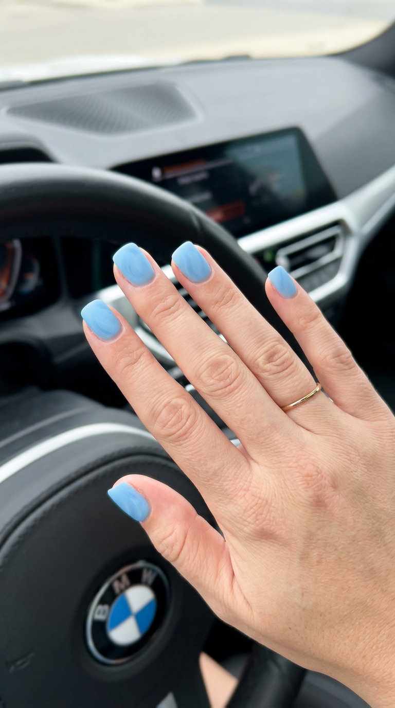 Matte Sky Blue Nails 2026 | Calm Casual Style Matte sky blue cloud square nails for summer nails square 2026. Calm work and casual outing style.