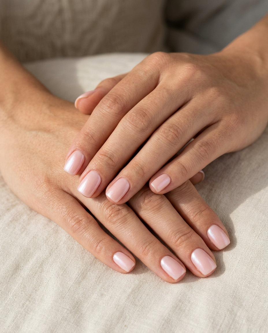 Peach Pearl Nails 2026 | Elegant Romantic Style Peach fuzz & pearl square nails for summer nails square 2026. Romantic bridal and daily elegant style.