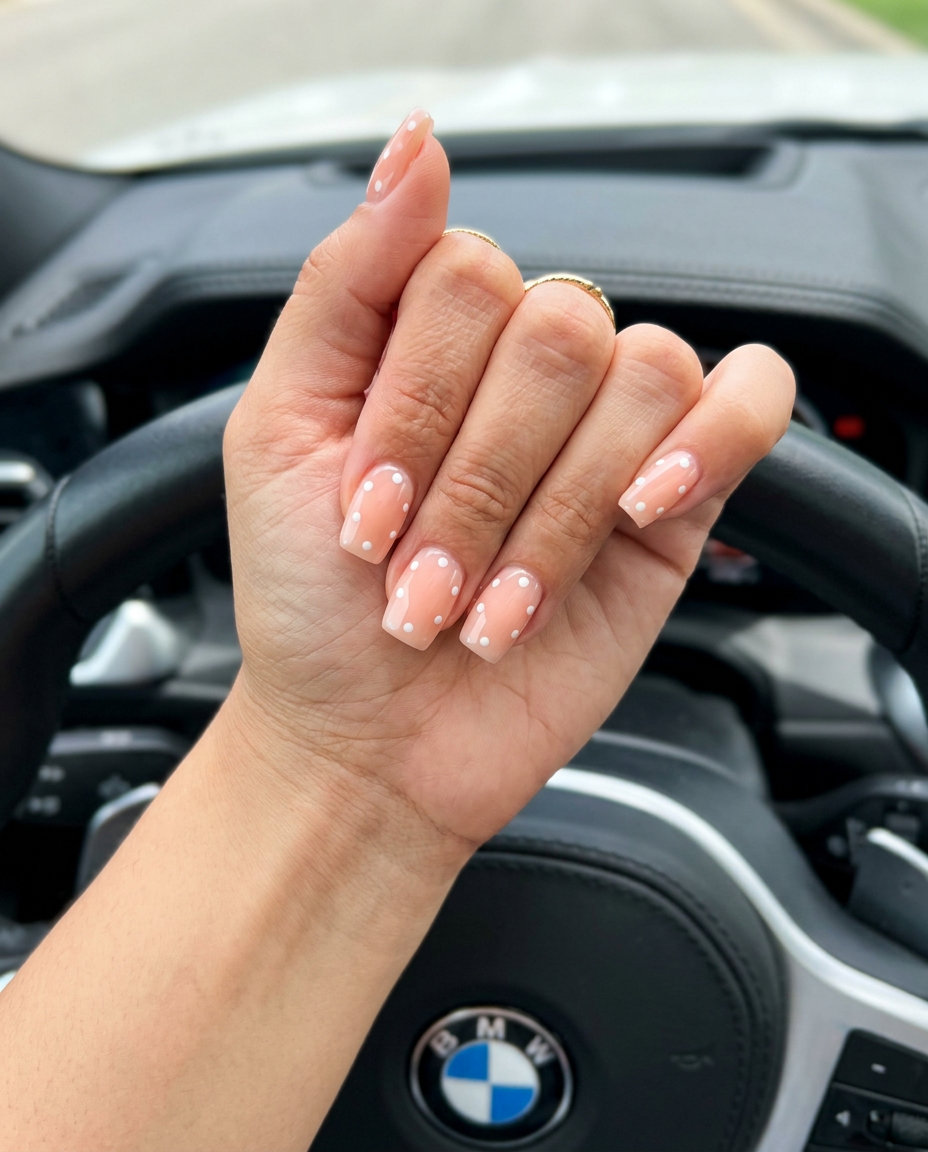 Peach fuzz polka dot square nails for summer nails square 2026. Whimsical brunch & picnic style.