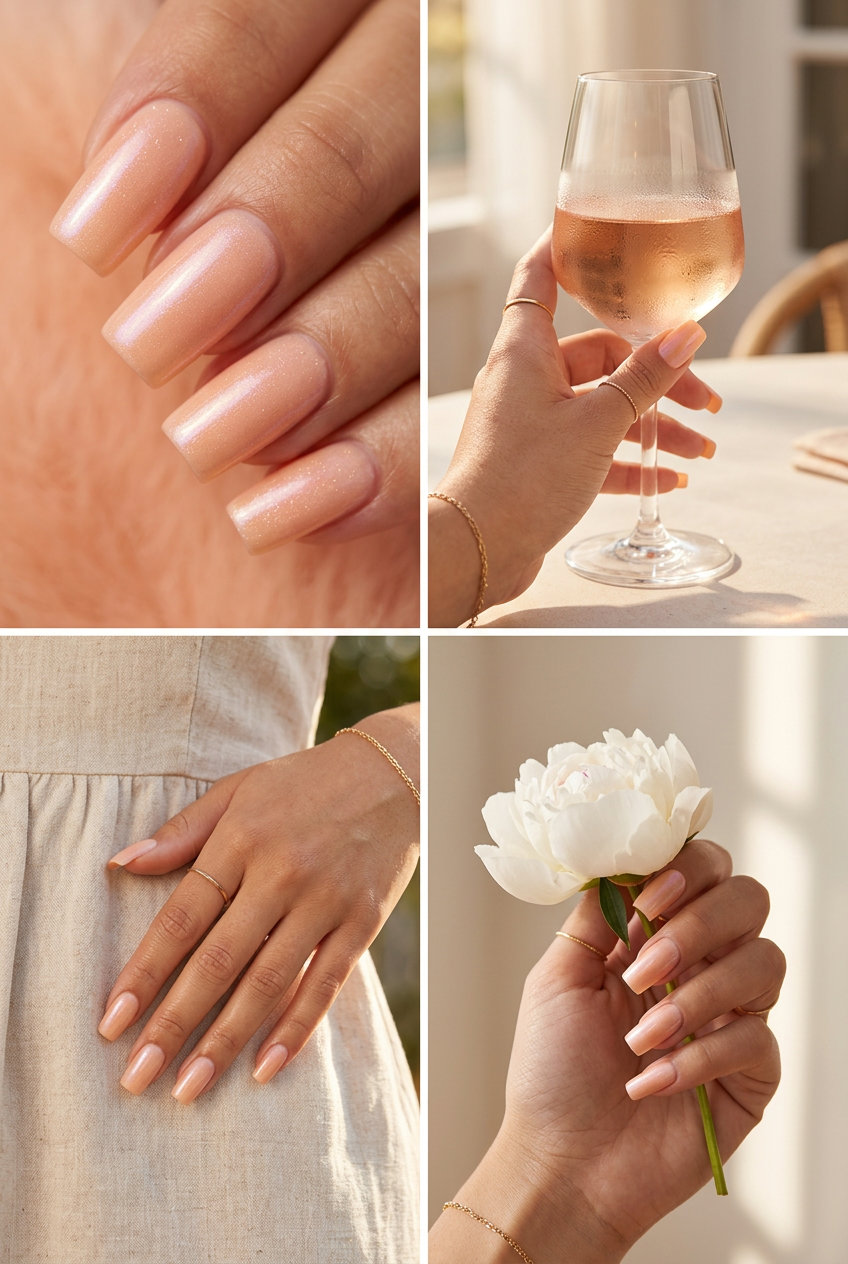 Peach Fuzz Shimmer Nails 2026 | Romantic Style Peach fuzz subtle shimmer square nails for summer nails square 2026. Romantic wedding and date night style.