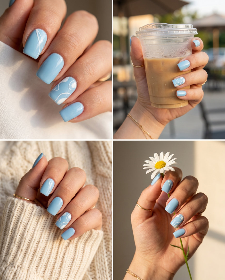 Sky Blue Decal Square Nails 2026 | Serene Casual Sky blue abstract decal square nails for summer nails square 2026. Serene, sophisticated casual style.