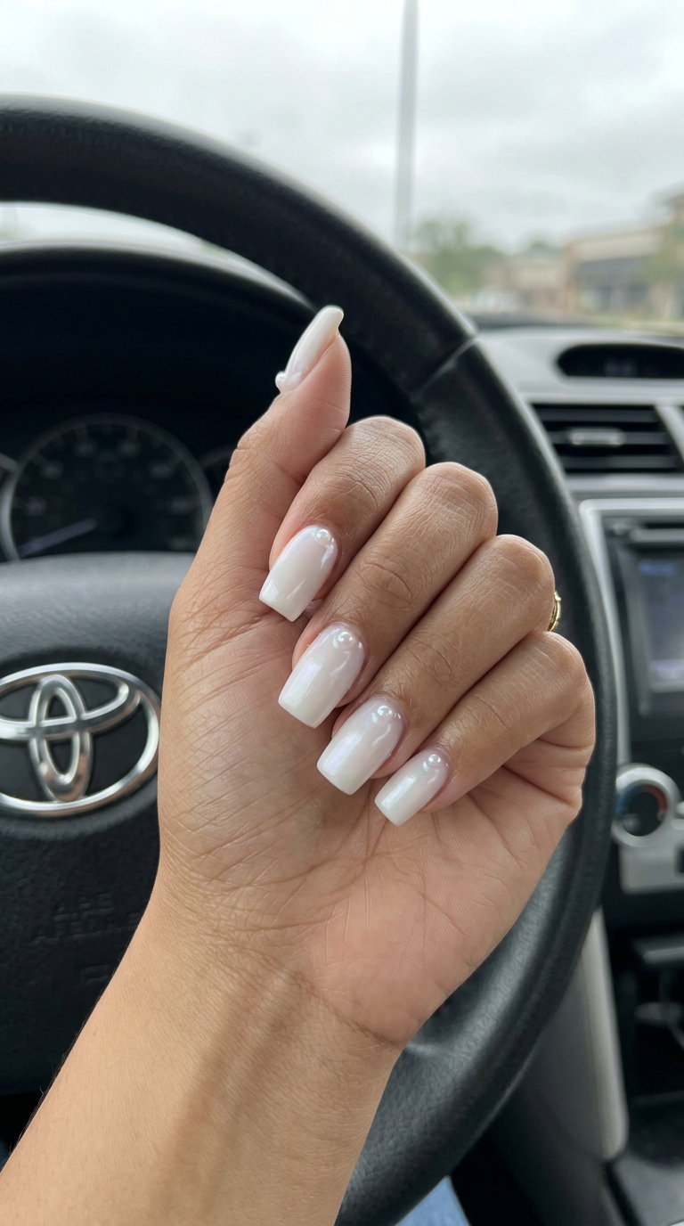3D pearl accent milky white square nails for summer nails medium 2026, elegant for weddings and special events.