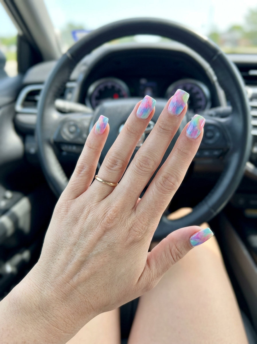 Abstract watercolor square nails for summer nails medium 2026, artistic for vacation and bohemian styles.
