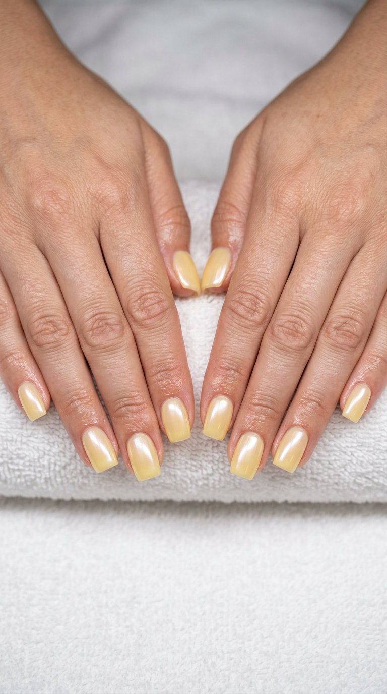 Subtle butter yellow glazed donut medium square nails with iridescent pearl shimmer for summer nails square medium 2026. Clean girl office style.