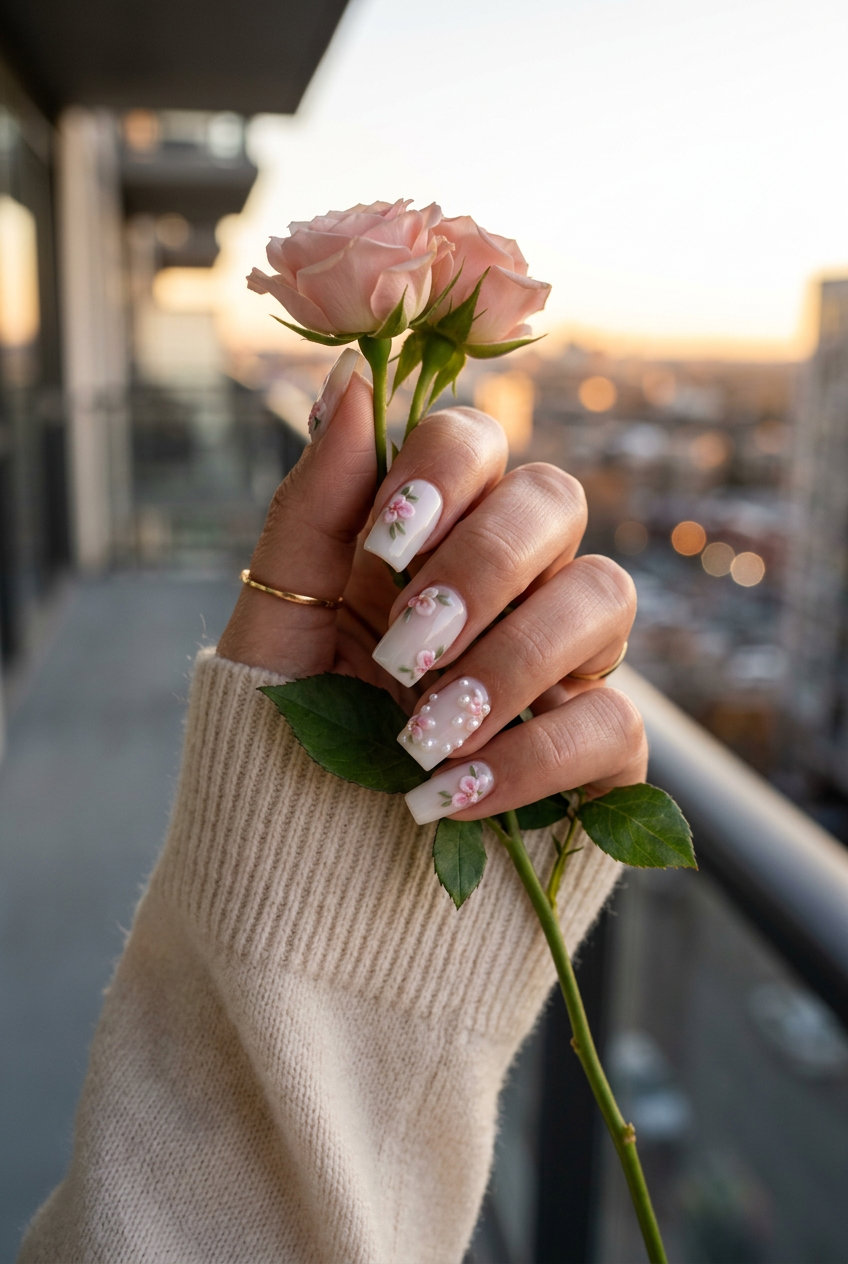 Delicate floral 3D accents on sheer white medium square nails for summer nails square medium 2026. Romantic bridal shower style.
