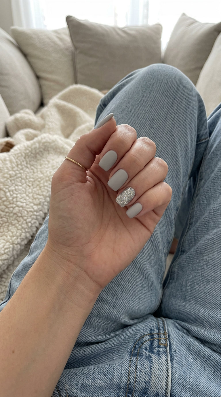 Muted light grey medium square nails with a silver glitter accent nail for summer nails square medium 2026. Glamorous party or date night.
