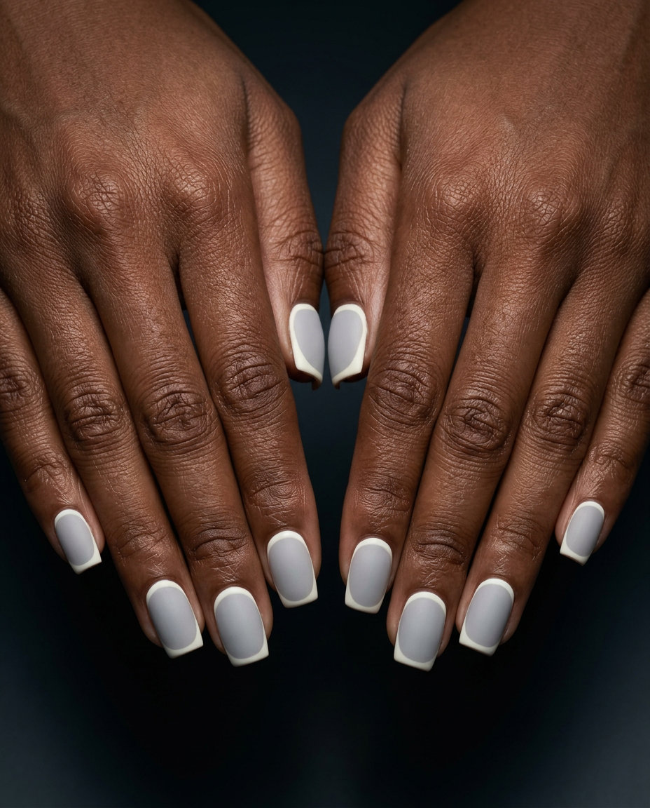 Edgy light grey medium square nails with a reverse French tip in off-white for summer nails square medium 2026. Sophisticated night out style.