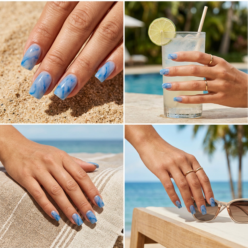 Oceanic sheer blue marble medium square nails with white and grey veining for summer nails square medium 2026. Bohemian beach day style.
