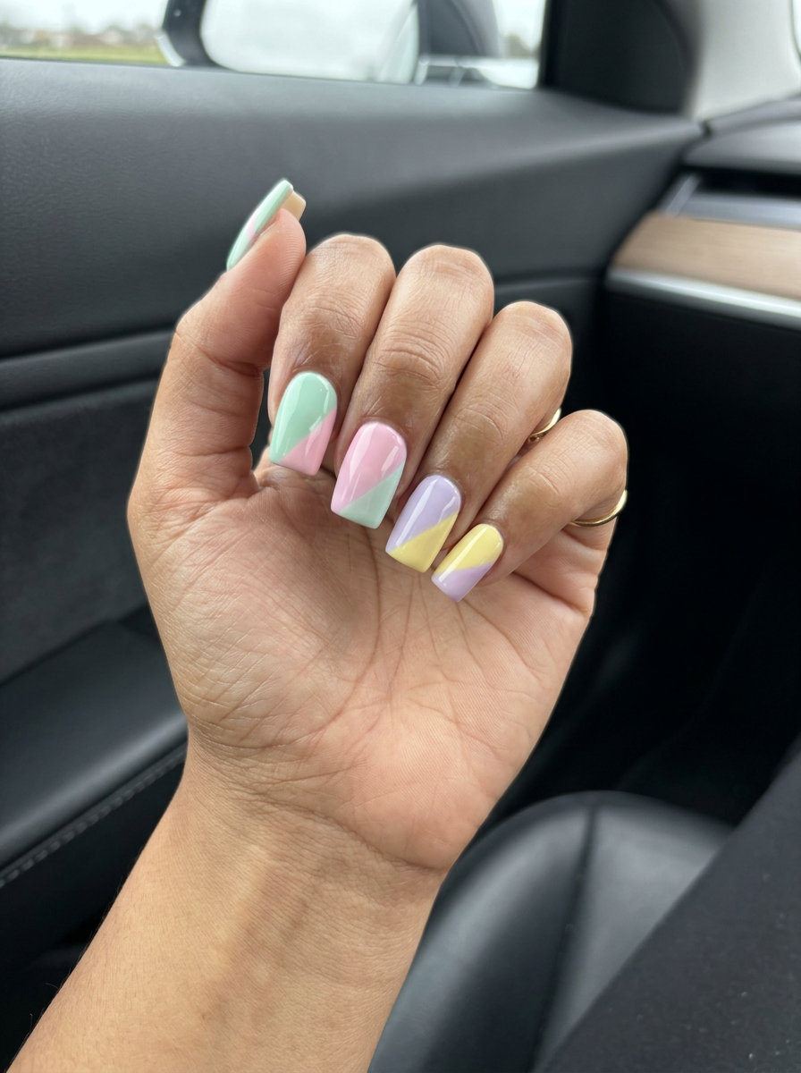 Modern pastel color block medium square nails in mint, pink, lavender, yellow for summer nails square medium 2026. Playful casual weekend style.
