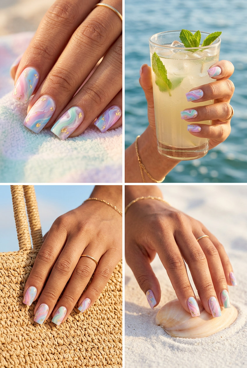 Pastel marble art medium square nails with gold foil accents for summer nails square medium 2026. Bohemian vacation festival style.