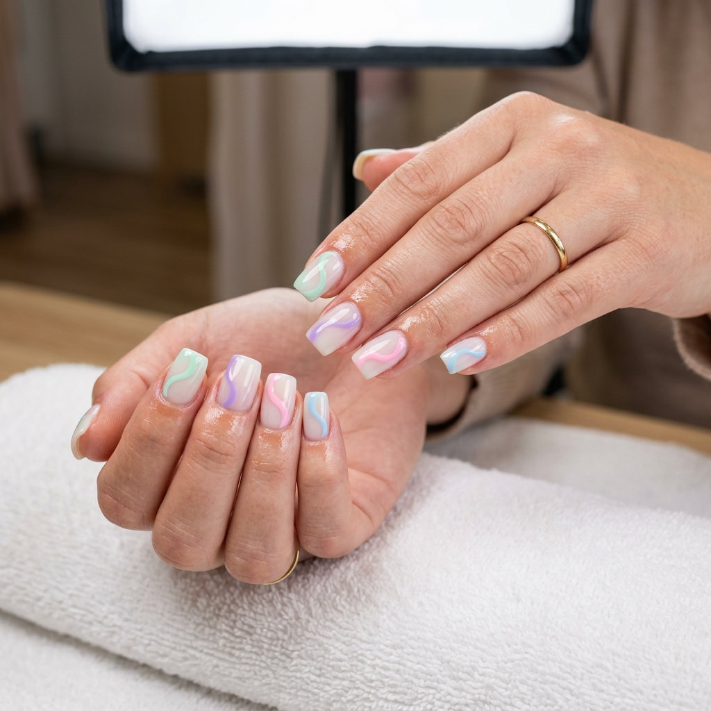 Pastel swirl square nails for summer nails medium 2026, playful for vacation and festival wear.