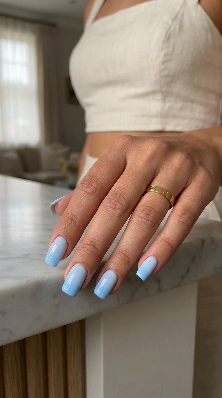 Sky blue ombre medium square nails for summer nails square medium 2026. Elegant date night style.