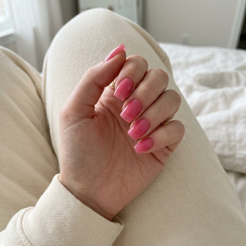Playful jelly pink square nails with a high-gloss finish for summer nails square medium 2026.