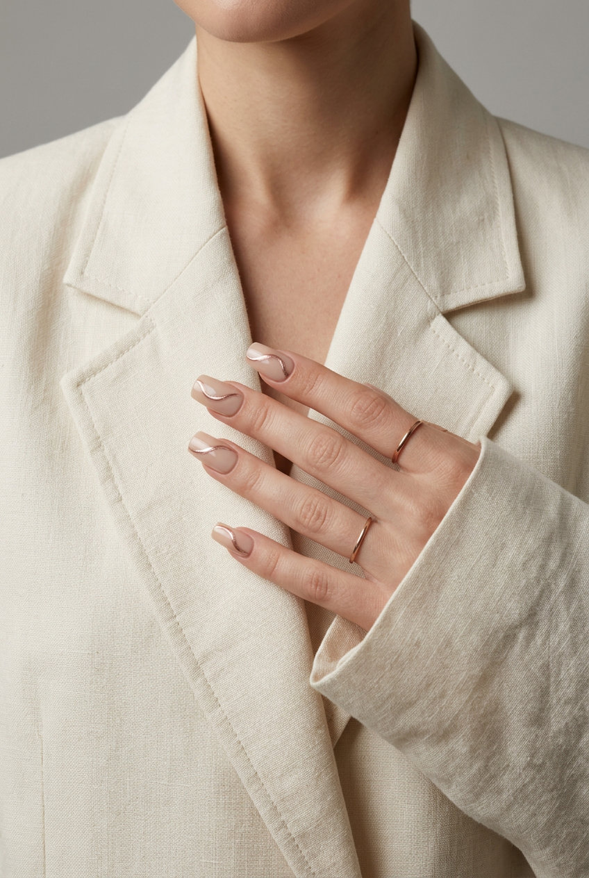 Sophisticated nude beige square nails with rose gold chrome swirls, perfect for summer nails square medium 2026.