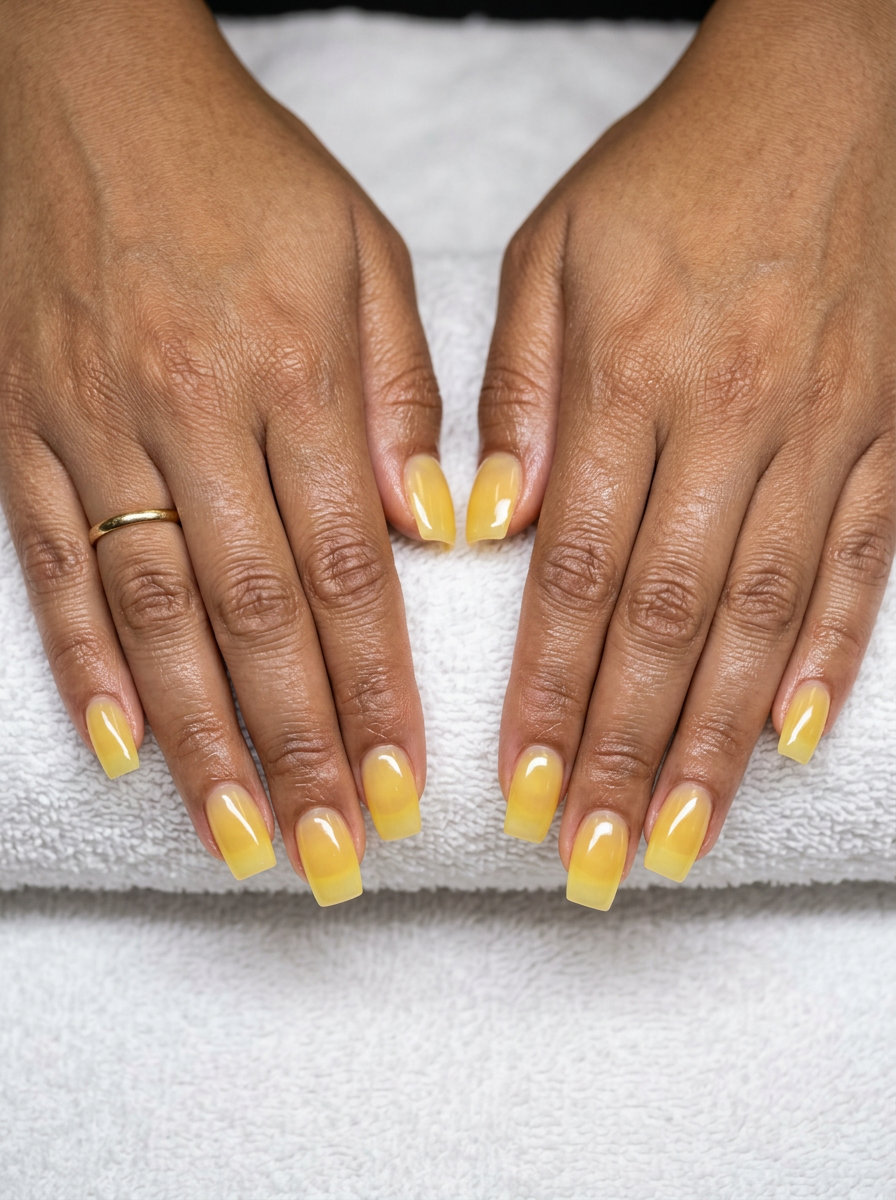 Cheerful sheer yellow square nails with a luminous jelly-like finish for summer nails square medium 2026.