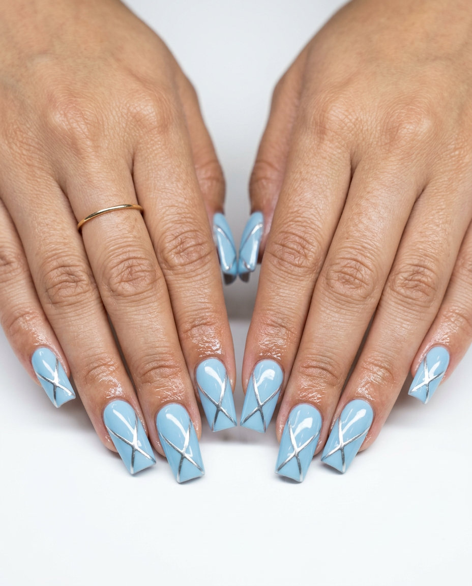 Sky Blue Chrome Lines Square Nails 2026: Modern Chic Sky blue with chrome lines square nails for summer nails square 2026. Futuristic, modern party style.