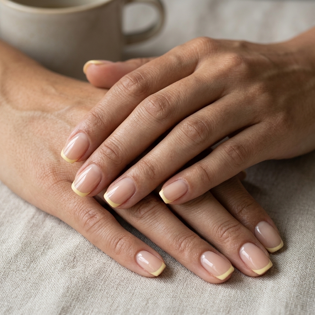 Minimalist butter yellow micro French tip nails for daily wear and office. Summer nails yellow 2026.