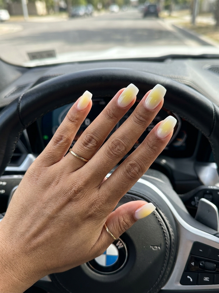 Romantic lemon chiffon yellow aura gradient nails for weddings and vacations. Summer nails yellow 2026.