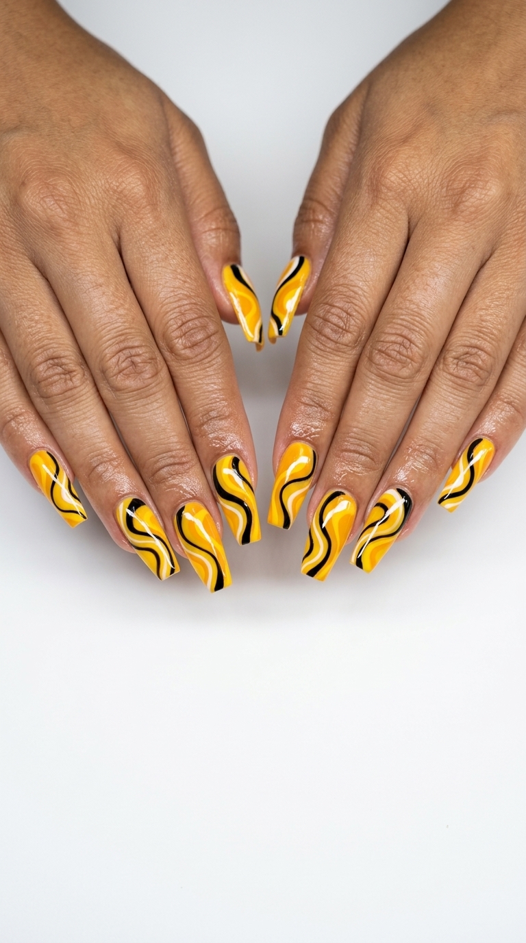 Edgy marigold yellow abstract nails with black and white accents for festivals and night outs. Summer nails yellow 2026.