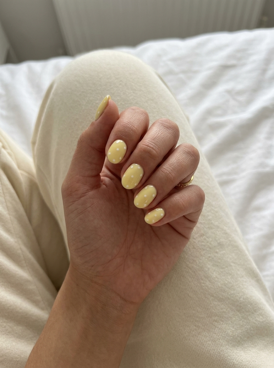 Milky lemon chiffon yellow nails with white dots, perfect for summer nails yellow 2026 casual wear and weekend brunch.