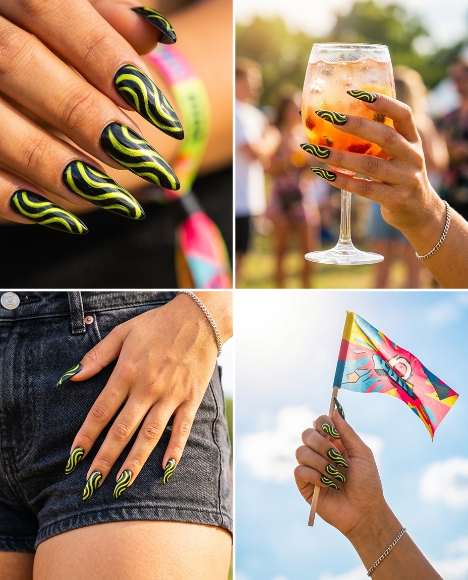 Futuristic neon yellow abstract chrome swirl nails for festivals and edgy nights out. Summer nails yellow 2026.