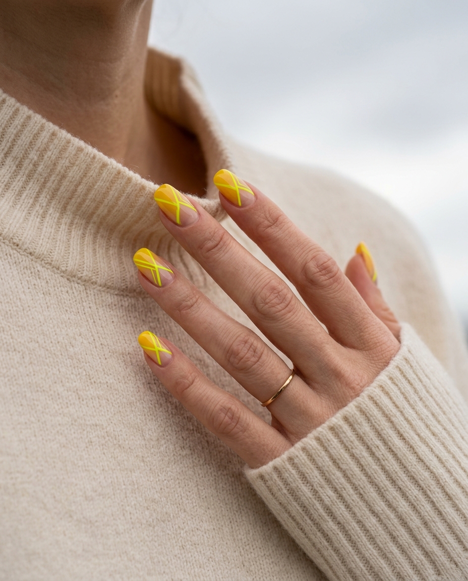 Edgy neon yellow geometric lines on short square nails for summer nails yellow 2026 festival looks.