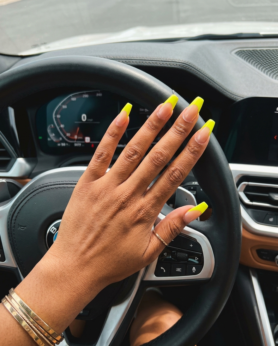 Edgy neon yellow reverse French on short squoval nails for summer nails yellow 2026 festivals.