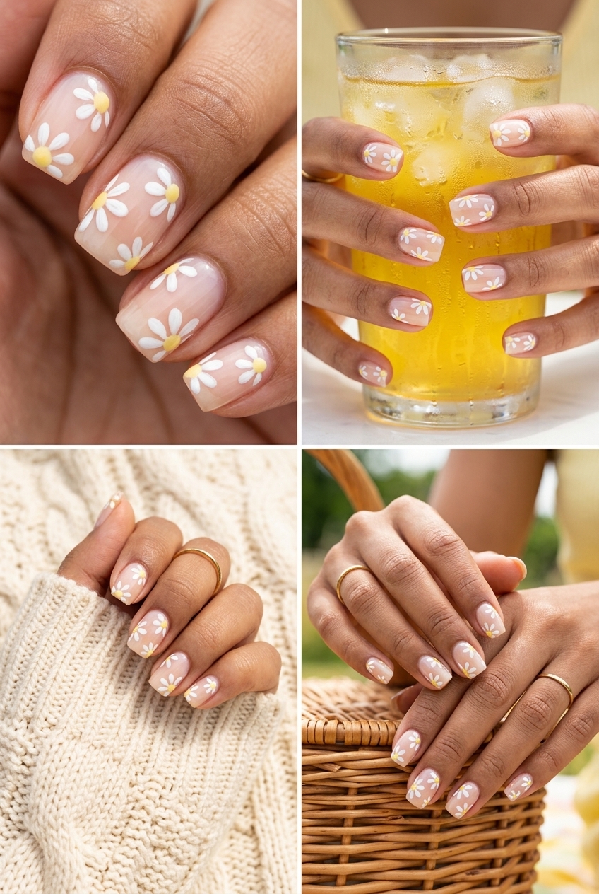 Whimsical soft yellow daisy negative space on medium oval nails for summer nails yellow 2026 picnics.