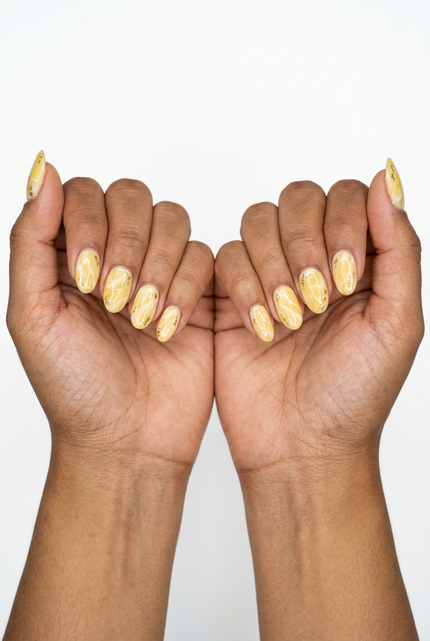 Artistic soft yellow marble with gold flakes on medium almond nails for summer nails yellow 2026 vacations.