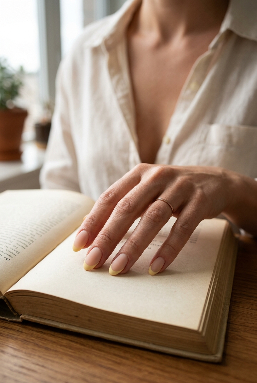 Sophisticated soft yellow velvet French tips on sheer nude base for summer nails yellow 2026 formal events.