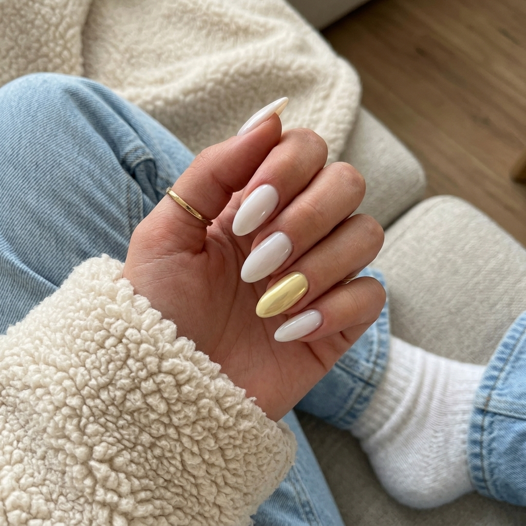Butter yellow chrome accent nails for summer 2026 office wear. Minimalist, chic short square nails with metallic shine.