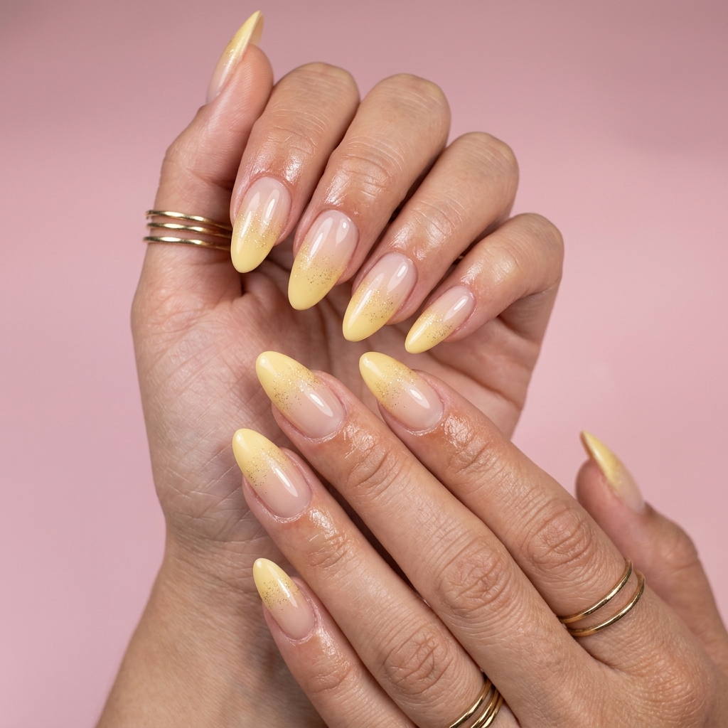 Butter yellow glitter ombre nails for summer 2026 weddings. Romantic, ethereal almond nails with gold shimmer.