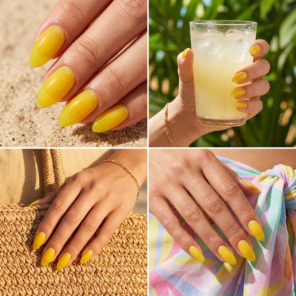 Butter yellow jelly shine nails for summer 2026 vacation. Playful, sheer, glossy coffin nails for a sunny look.