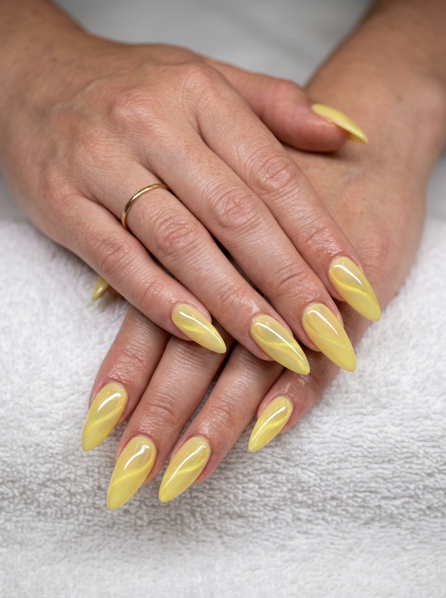 Lemon chiffon cat-eye swirl nails for summer 2026 date nights. Sultry, mysterious coffin nails with a golden shift.