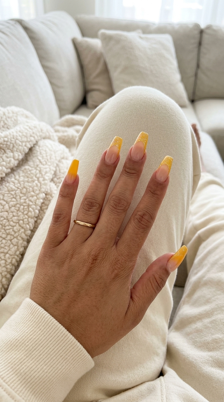 Marigold glitter tips for summer 2026 parties. Glamorous, bold coffin nails with iridescent sparkle.