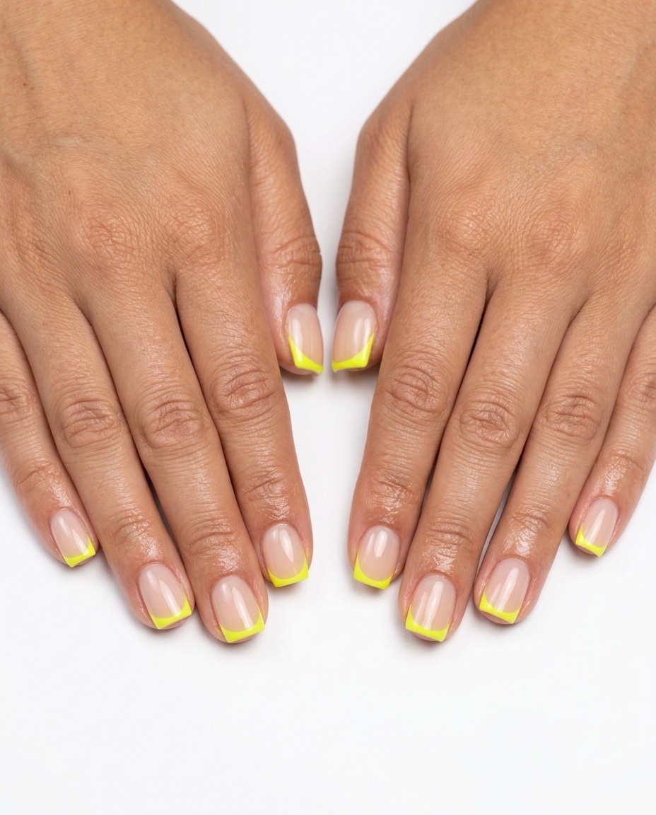 Neon yellow micro French tips for summer 2026 casual wear. Playful, chic short square nails with a vibrant pop.