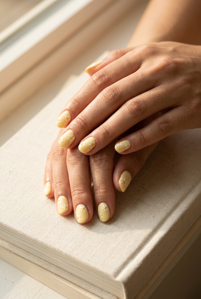 Soft yellow daisy accent nails for summer 2026 picnics. Whimsical, feminine short square nails with floral art.