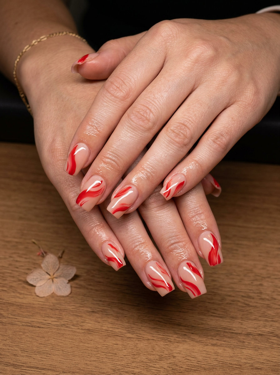 Abstract scarlet strokes on nude base nails for summer 2026 festivals and nights out. Bold summer red nails.