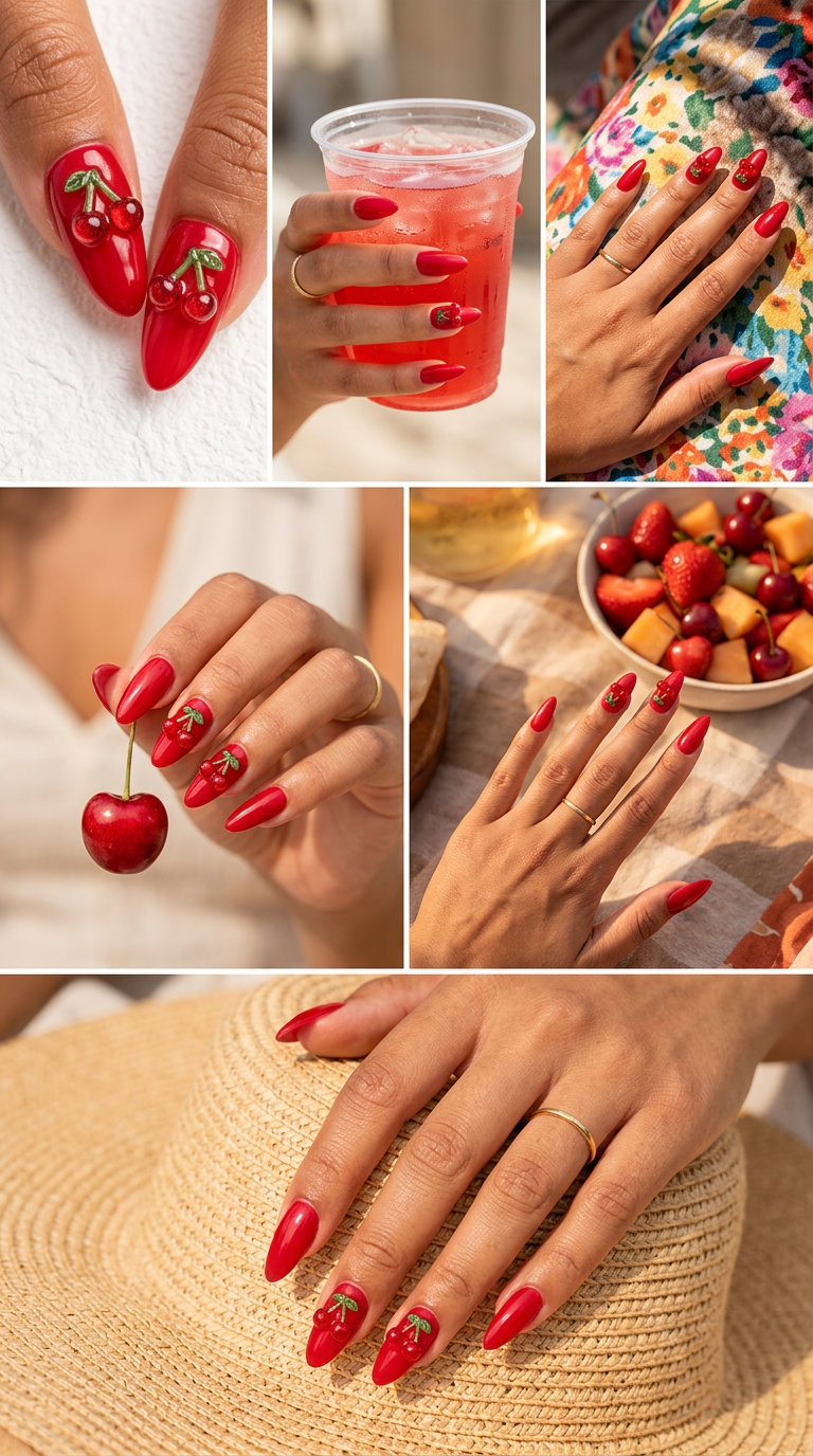 Cherry red 3D charm nails for summer 2026 festivals and parties. Edgy summer red nails.