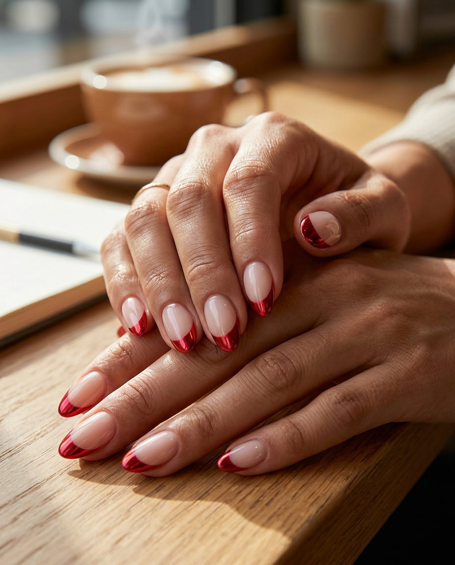 Crimson red chrome accent French tips for summer 2026 vacations and chic looks. Modern summer red nails.