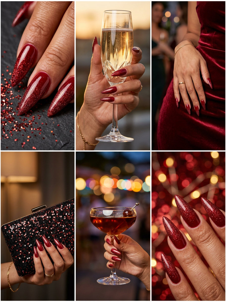 Deep crimson red glitter gradient nails for summer 2026 parties and bold night outs.