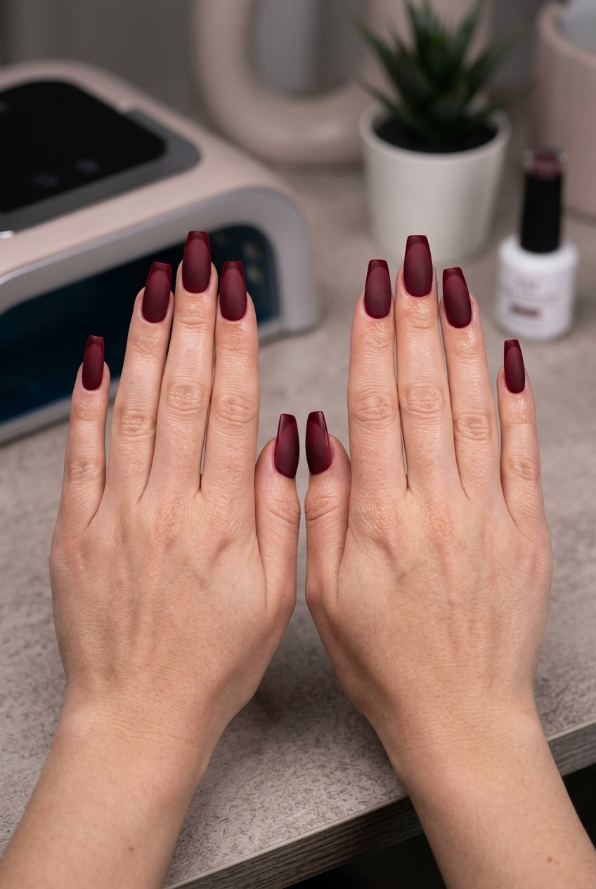 Deep wine red matte French nails for summer 2026 formal events and sophisticated evening wear.