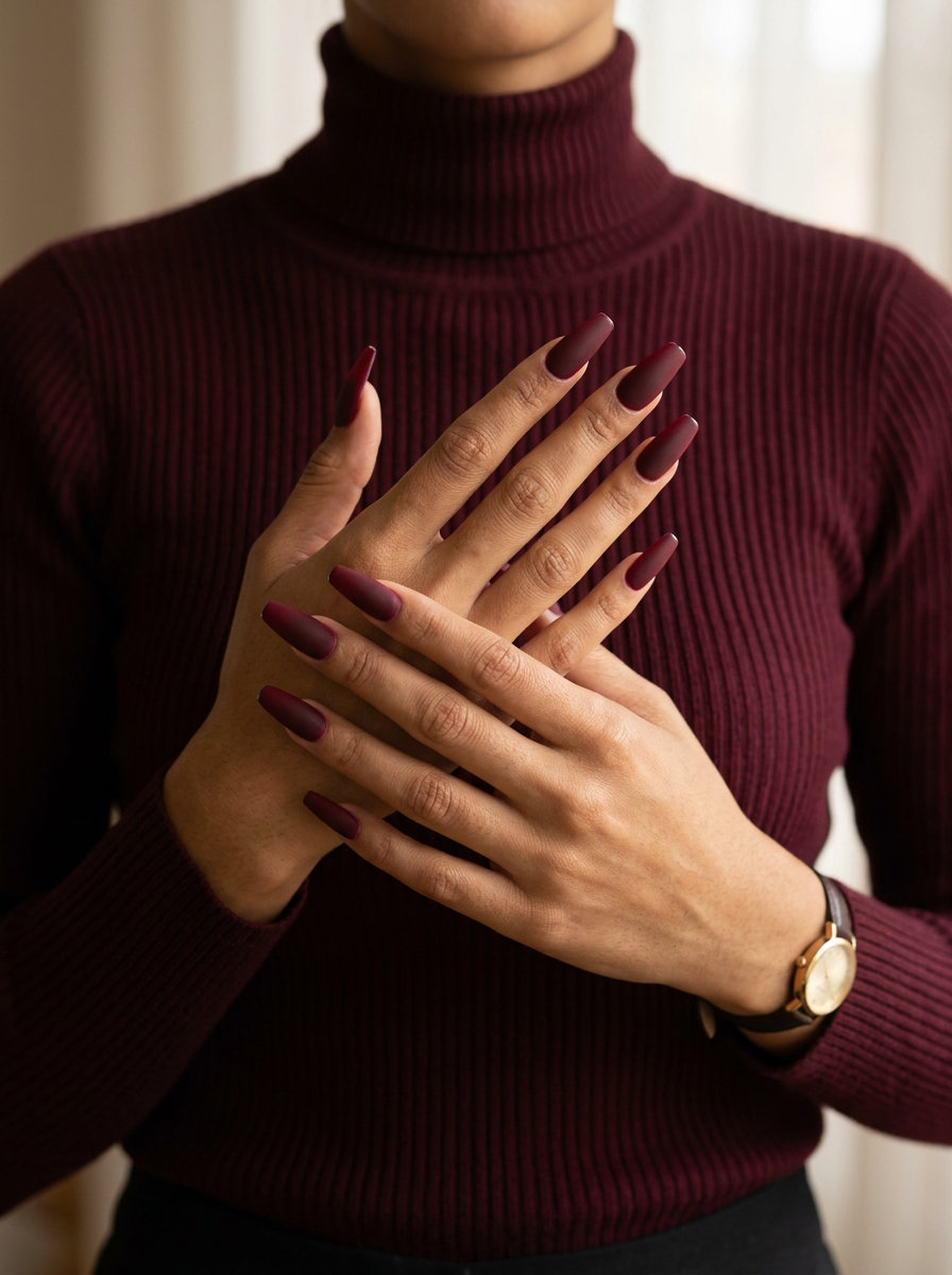 Sultry deep wine red velvet matte coffin nails for summer red nails 2026 evening events and parties.
