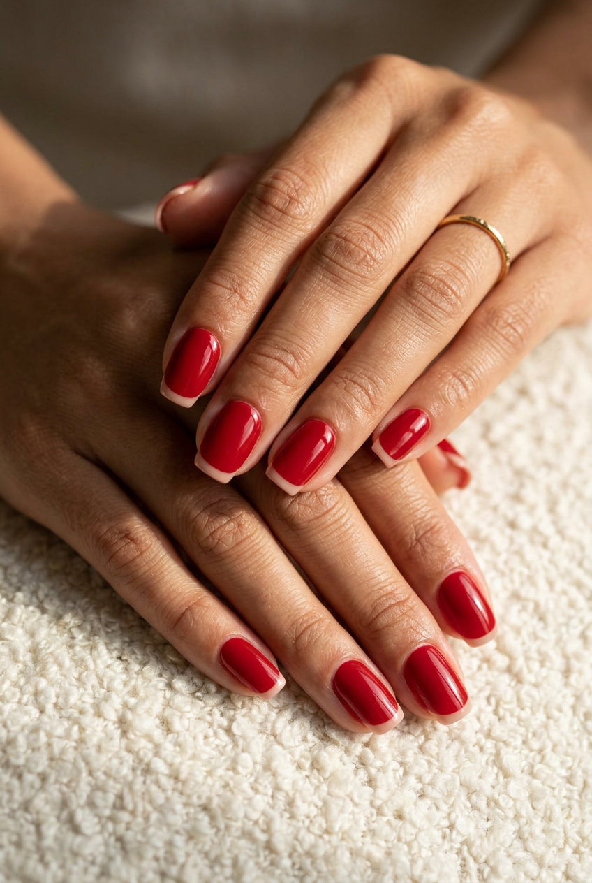 Elegant ruby red nails with sheer pink base and nude micro French tip for summer red nails 2026. Formal event ready.