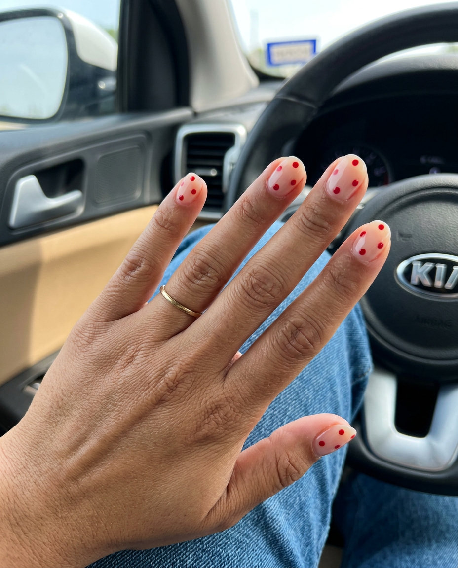 Playful red dots on sheer nude nails for summer 2026 casual outfits. Chic summer red nails.